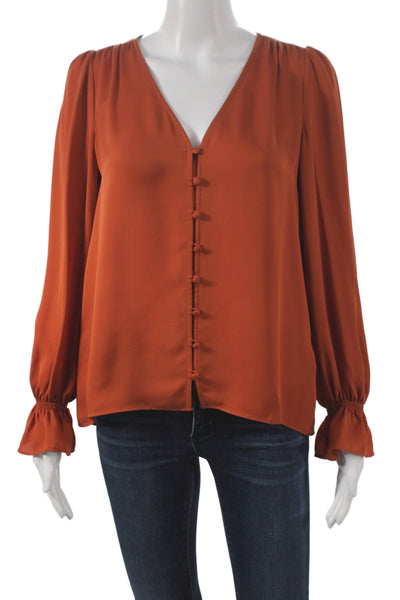 Joie Women Basic Orange Silk V-Neck Button Long Sleeve Blouse Size XS