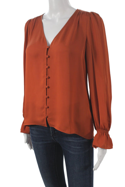 Joie Women Basic Orange Silk V-Neck Button Long Sleeve Blouse Size XS