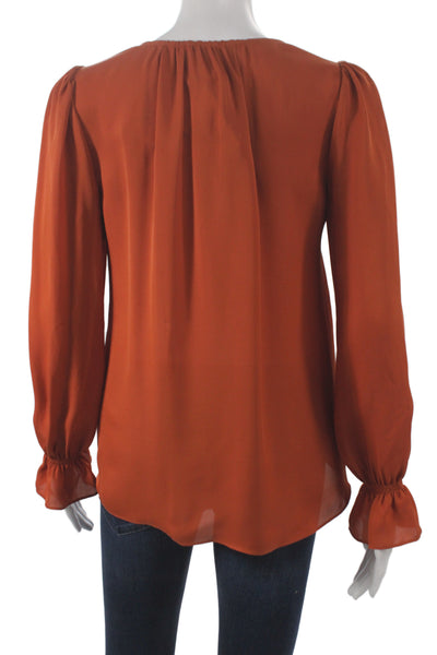 Joie Women Basic Orange Silk V-Neck Button Long Sleeve Blouse Size XS