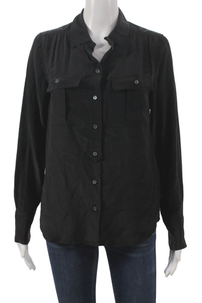 J Crew Womens Basic Black Silk Collared Button Long Sleeve Blouse Size 0