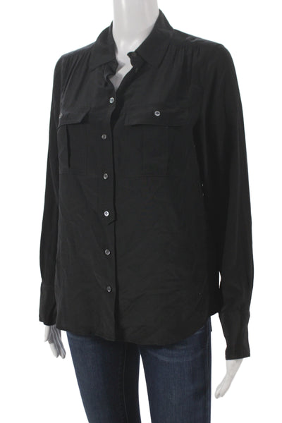 J Crew Womens Basic Black Silk Collared Button Long Sleeve Blouse Size 0