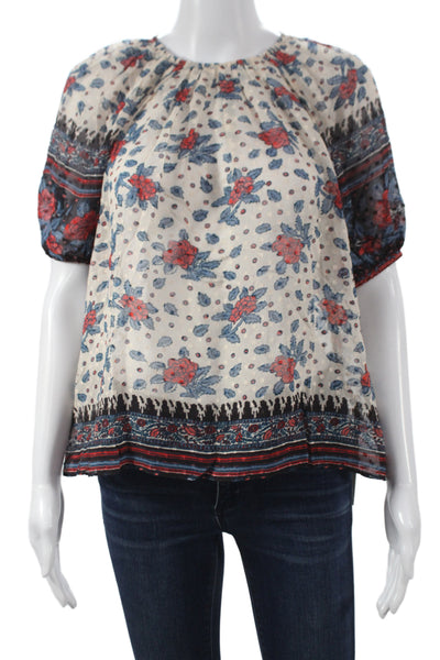 Ulla Johnson Women Beige Floral Silk Tunic Blouse Short Sleeve Size 2