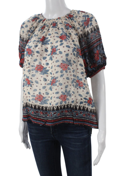Ulla Johnson Women Beige Floral Silk Tunic Blouse Short Sleeve Size 2