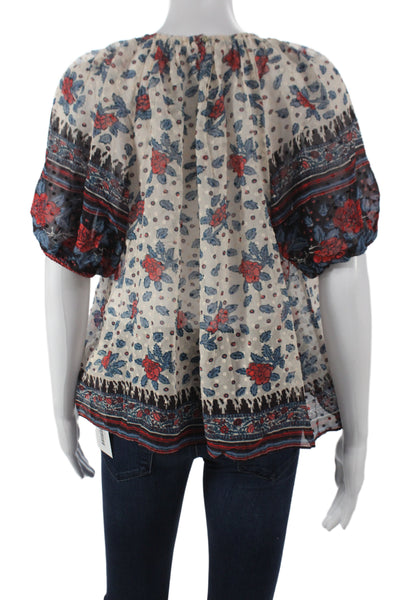 Ulla Johnson Women Beige Floral Silk Tunic Blouse Short Sleeve Size 2