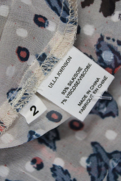 Ulla Johnson Women Beige Floral Silk Tunic Blouse Short Sleeve Size 2