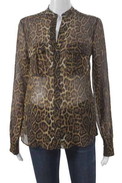 BCBGMAXAZRIA Women Collared Silk Animal Print Long Sleeve Blouse Size XS