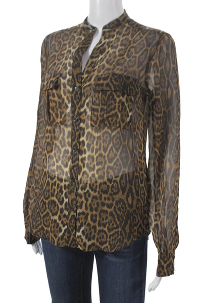 BCBGMAXAZRIA Women Collared Silk Animal Print Long Sleeve Blouse Size XS