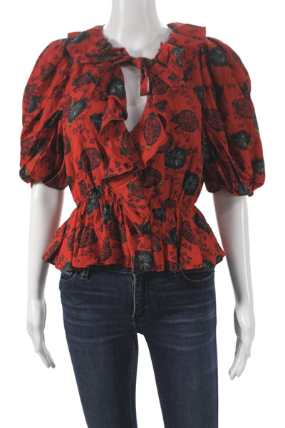 Ulla Johnson Women Cropped Floral V-Neck Short Sleeve Blouse Size 2