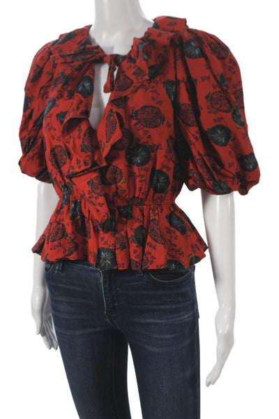 Ulla Johnson Women Cropped Floral V-Neck Short Sleeve Blouse Size 2