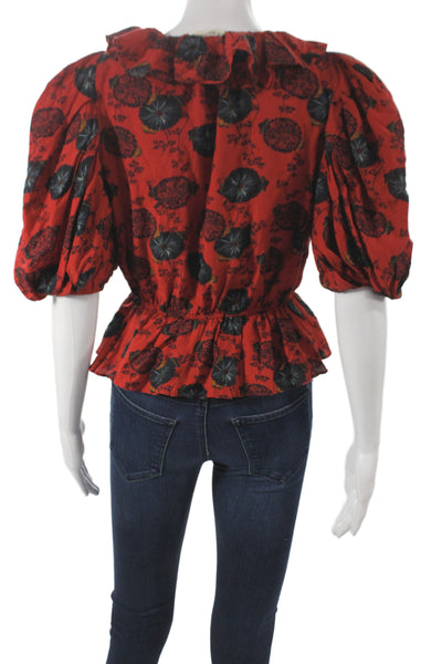 Ulla Johnson Women Cropped Floral V-Neck Short Sleeve Blouse Size 2