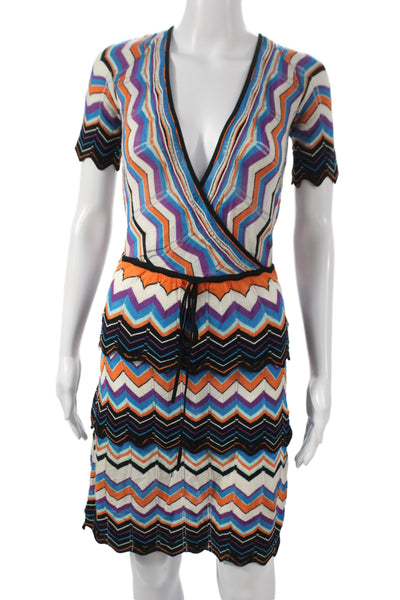 Missoni Women Wrap Dress Multicolor Short Sleeve V Neck Chevron Size 2