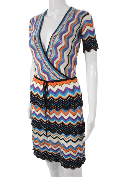 Missoni Women Wrap Dress Multicolor Short Sleeve V Neck Chevron Size 2