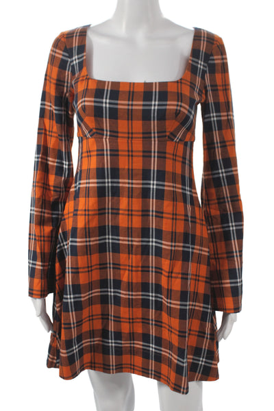 Staud Womens Orange Plaid Mini Dress Square Neck Long Sleeve Cotton Size 2