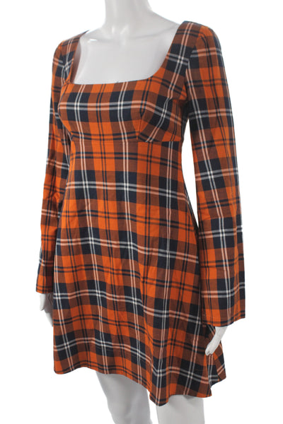 Staud Womens Orange Plaid Mini Dress Square Neck Long Sleeve Cotton Size 2