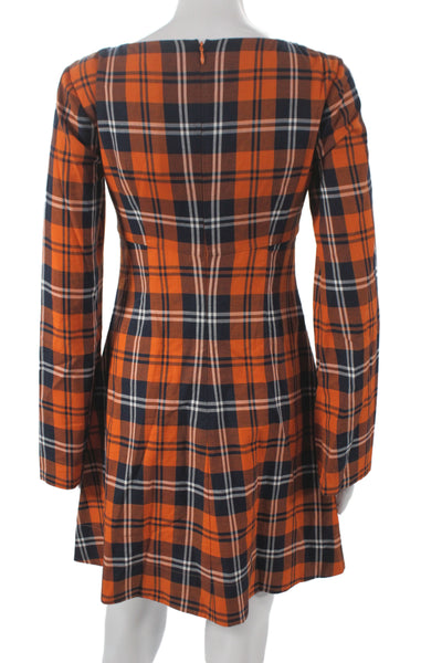 Staud Womens Orange Plaid Mini Dress Square Neck Long Sleeve Cotton Size 2