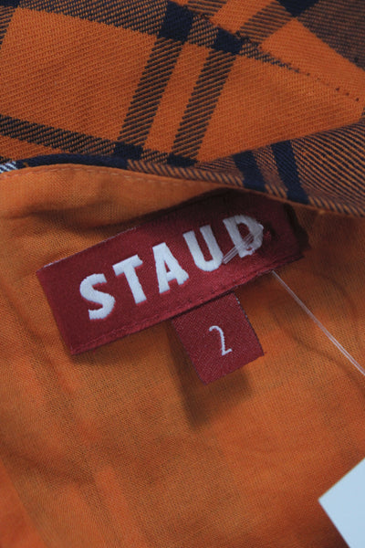 Staud Womens Orange Plaid Mini Dress Square Neck Long Sleeve Cotton Size 2