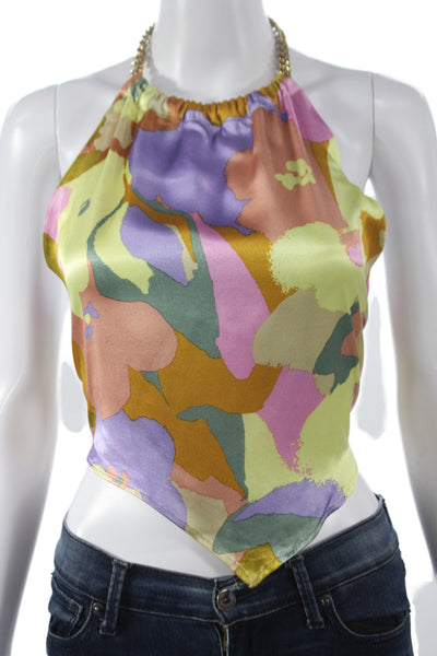 ASTR Women Cropped Halter Tank Floral Green Rayon Tie Size S