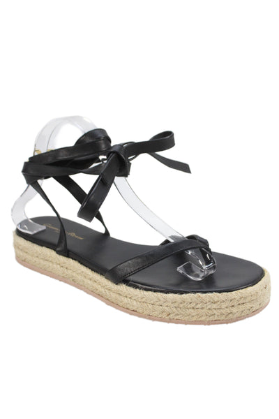 Gianvito Rossi Womens Lace Up T Strap Espadrilles Sandals Black Leather Size 40