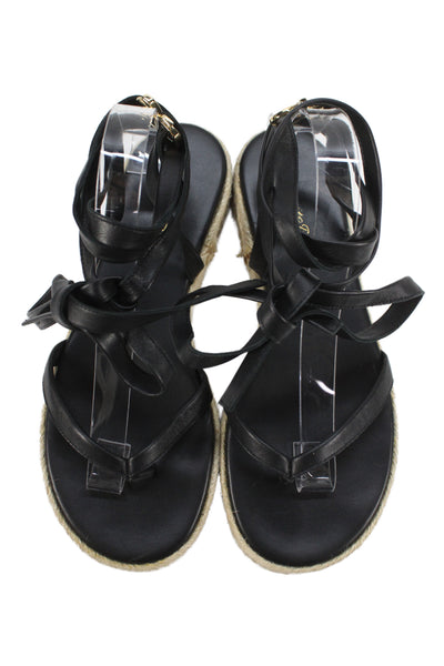 Gianvito Rossi Womens Lace Up T Strap Espadrilles Sandals Black Leather Size 40