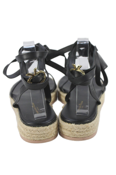 Gianvito Rossi Womens Lace Up T Strap Espadrilles Sandals Black Leather Size 40