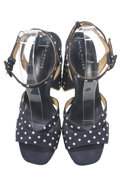 Hill House Womens Block Heel Platform Polka Dot Ankle Strap Sandals Navy Size 40
