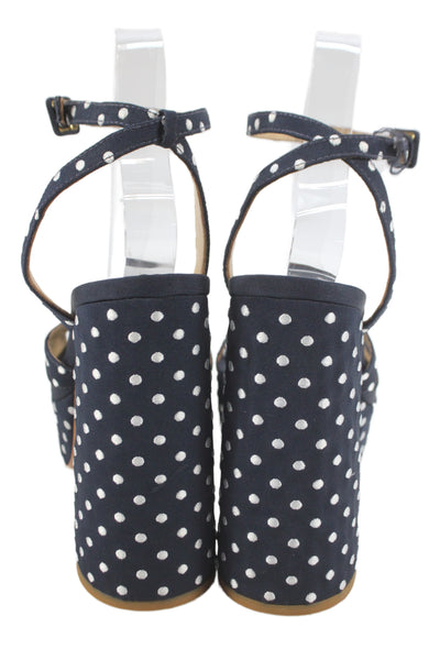 Hill House Womens Block Heel Platform Polka Dot Ankle Strap Sandals Navy Size 40