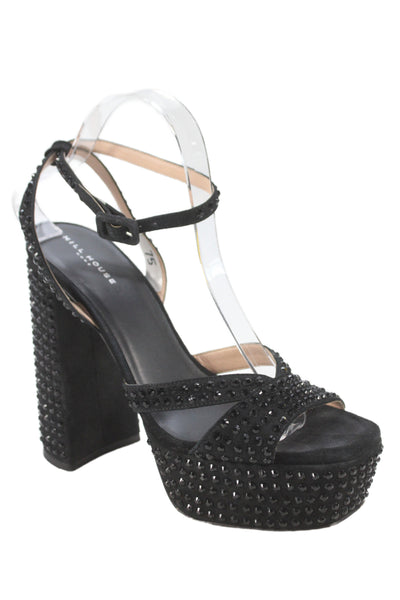 Hill House Womens Block Heel Platform Crystal Ankle Strap Sandals Black Size 40