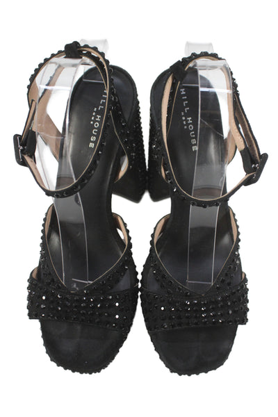 Hill House Womens Block Heel Platform Crystal Ankle Strap Sandals Black Size 40