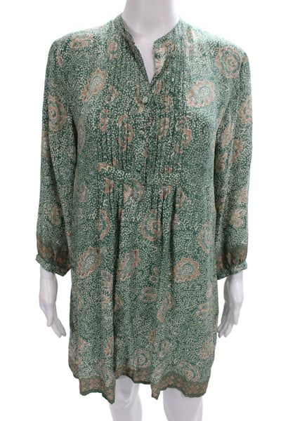 Natalie Martin Women Shift Dress Green Silk Batik Henley 3/4 Sleeve Size XS