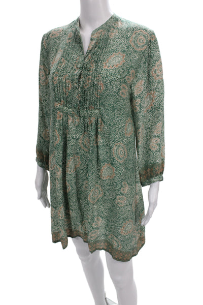 Natalie Martin Women Shift Dress Green Silk Batik Henley 3/4 Sleeve Size XS