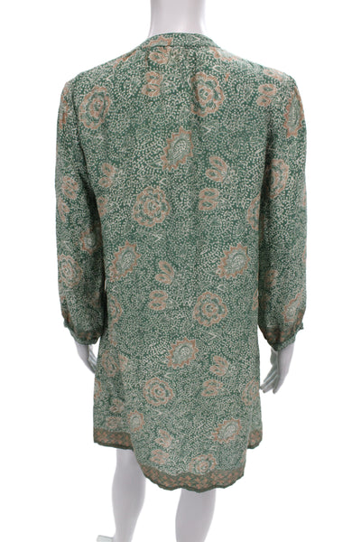 Natalie Martin Women Shift Dress Green Silk Batik Henley 3/4 Sleeve Size XS