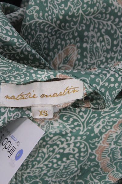 Natalie Martin Women Shift Dress Green Silk Batik Henley 3/4 Sleeve Size XS