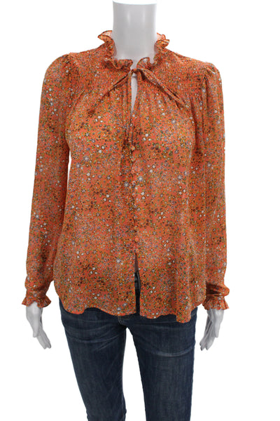 Free People Womens Tunic Orange Floral High Neck Long Sleeve Boho Size XS