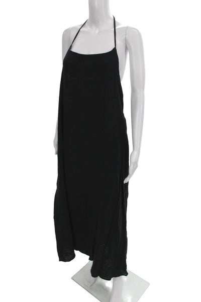 Vitamin A Women Black Linen Halter Maxi Dress Sleeveless Tie Back Size M