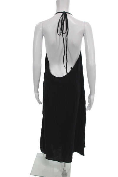 Vitamin A Women Black Linen Halter Maxi Dress Sleeveless Tie Back Size M