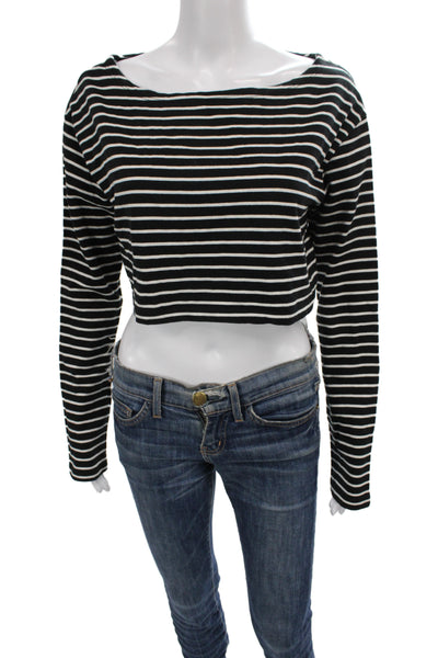 The Frankie Shop Women Cropped Striped Black Boatneck Tee Long Sleeve Size M