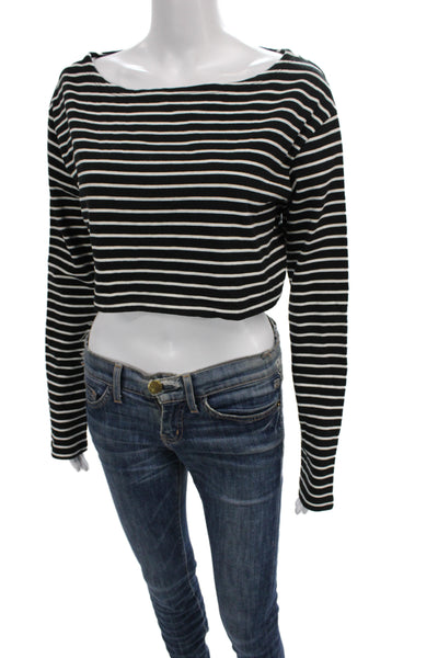 The Frankie Shop Women Cropped Striped Black Boatneck Tee Long Sleeve Size M