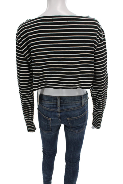 The Frankie Shop Women Cropped Striped Black Boatneck Tee Long Sleeve Size M