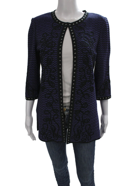 Ming Wang Womens Purple Geometric Cardigan Acrylic 3/4 Sleeve Open Front Size S