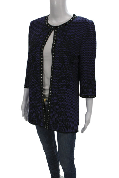 Ming Wang Womens Purple Geometric Cardigan Acrylic 3/4 Sleeve Open Front Size S