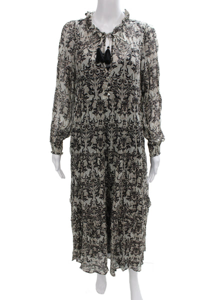 Anthropologie Women Maxi Dress Beige Geometric Boho Henley Long Sleeve Size XS