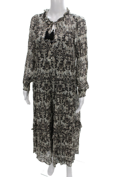 Anthropologie Women Maxi Dress Beige Geometric Boho Henley Long Sleeve Size XS