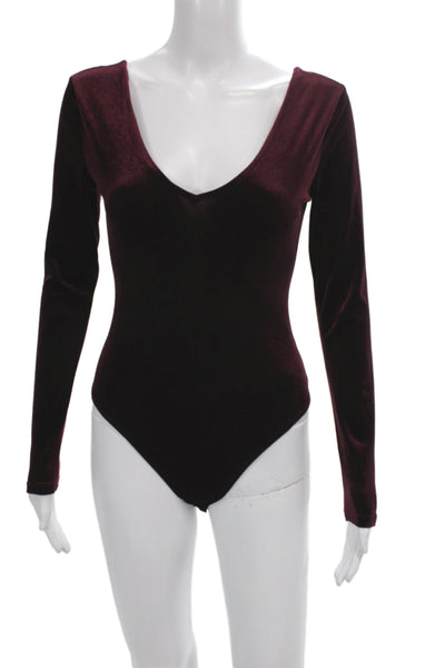 Socialite Women Purple Velvet Scoop Neck Long Sleeve One Piece Bodysuit Size XS