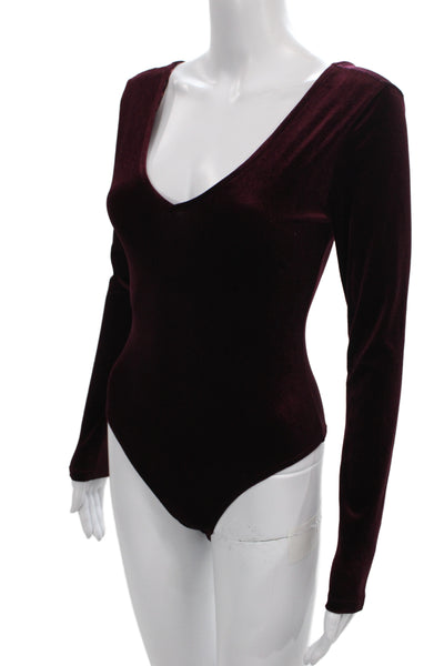Socialite Women Purple Velvet Scoop Neck Long Sleeve One Piece Bodysuit Size XS