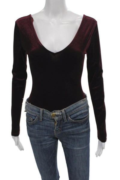Socialite Women Purple Velvet Scoop Neck Long Sleeve One Piece Bodysuit Size XS