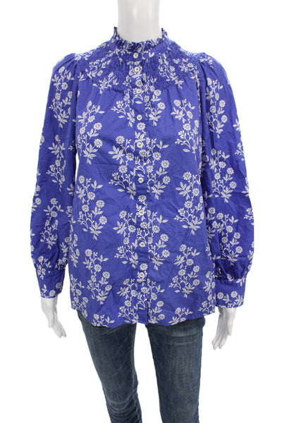 Boden Women Tunic Blouse Blue Floral High Neck Long Sleeve 100% Cotton Size 2