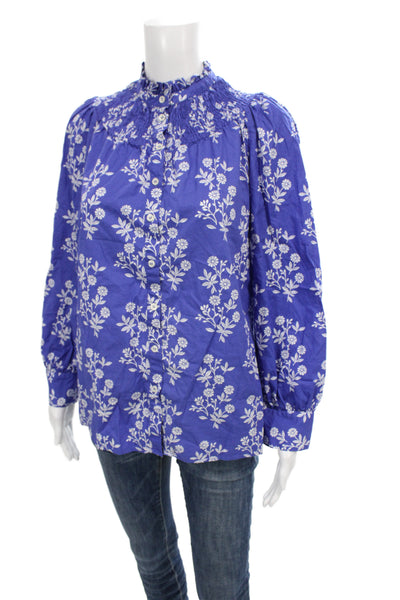 Boden Women Tunic Blouse Blue Floral High Neck Long Sleeve 100% Cotton Size 2