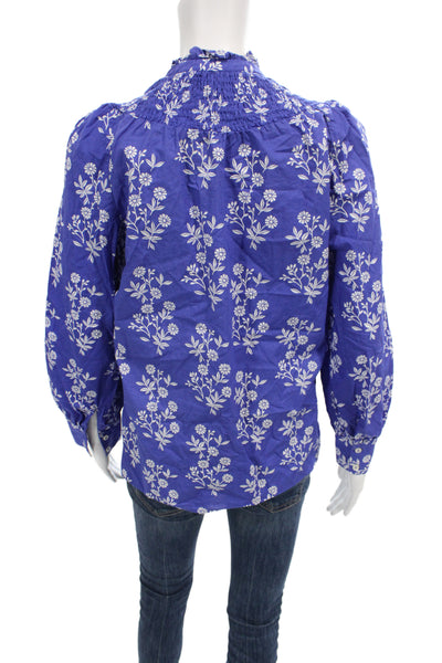 Boden Women Tunic Blouse Blue Floral High Neck Long Sleeve 100% Cotton Size 2