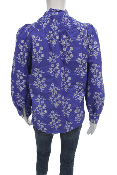Boden Women Tunic Blouse Blue Floral High Neck Long Sleeve 100% Cotton Size 2
