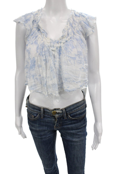 Free People Women Cropped Boho Animal Print V-Neck Cotton Blouse Size XS